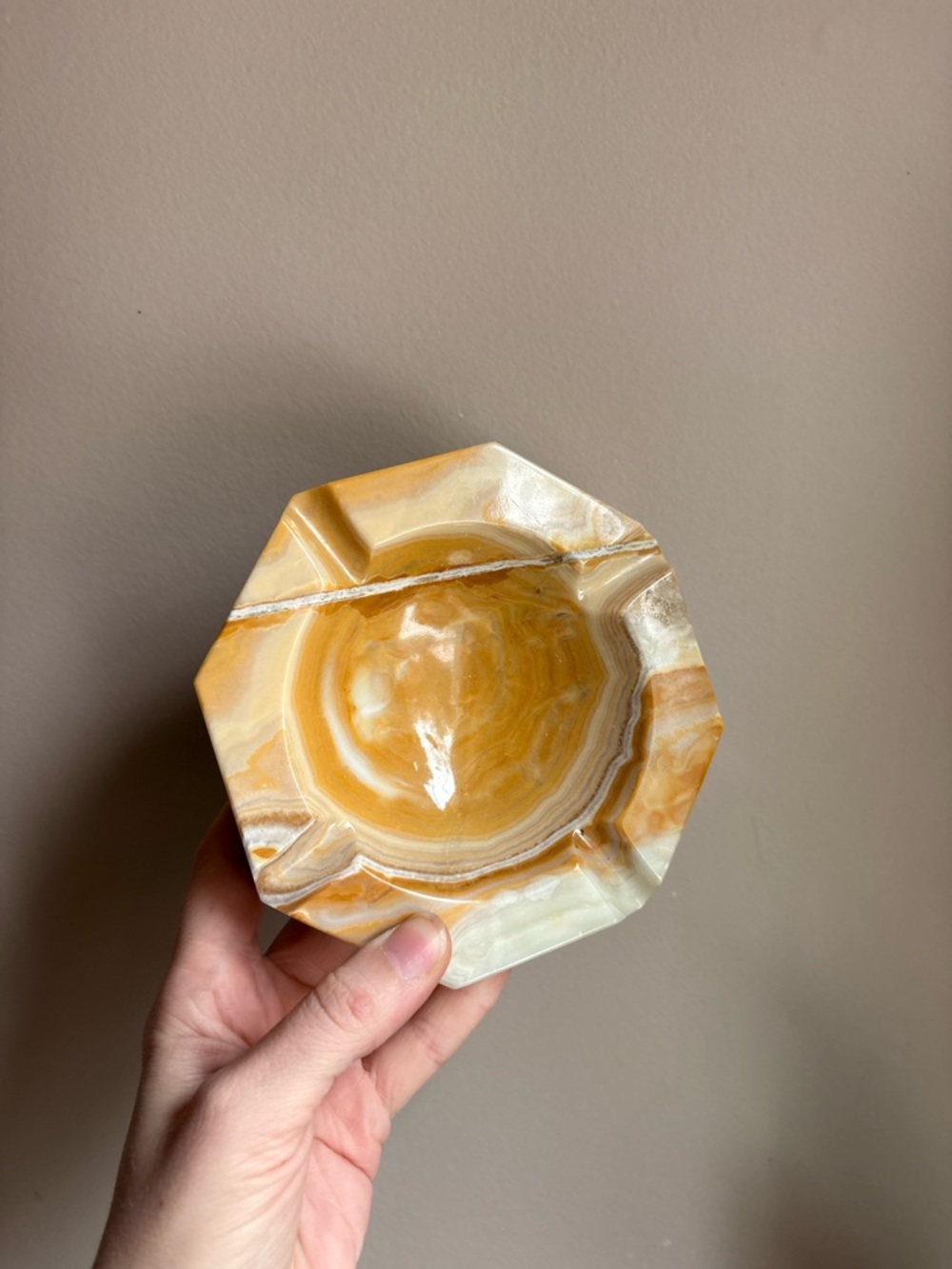 Octagonal Onyx Ashtray in Honey Amber and Cream, Vintage Piece